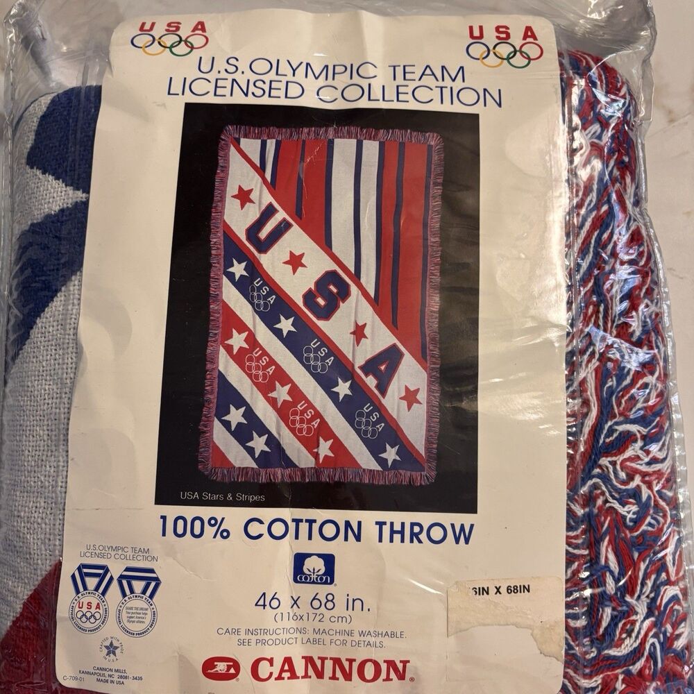 Vintage Cannon Throw Blanket U.S. Olympic Team Cotton Flag 46 x 68” Made In USA